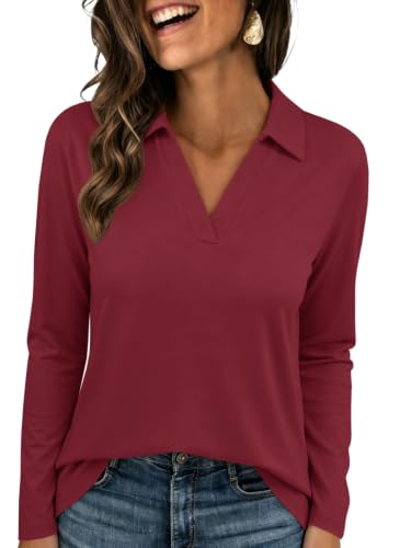 UNCLECAT Women’s V Neck Polo Shirts Long Sleeve Collared Loose Fit Solid Casual Business Fall Tunic Tops