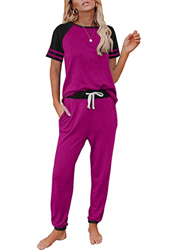 Image of PRETTYGARDEN Women Summer Two Piece Outfits Striped Short Sleeve Pullover and Long Pants Tracksuit Travel Pajama Lounge Set