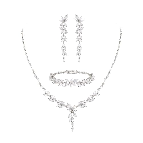 EVER FAITH Cubic Zirkonia Schmuck Set für Braut Brautjungfer, elegante Marquise Blatt Blume Hochzeit Halskette baumeln Ohrringe Armband für Damen klar Silber-Ton