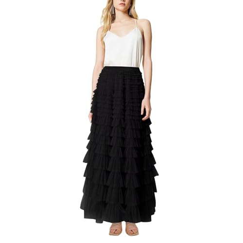 Women's Long Maxi Ruffled Tiered Tulle Skirts Elastic Waist A-Line Layered Mesh Tutu Cake Skirt Petticoat