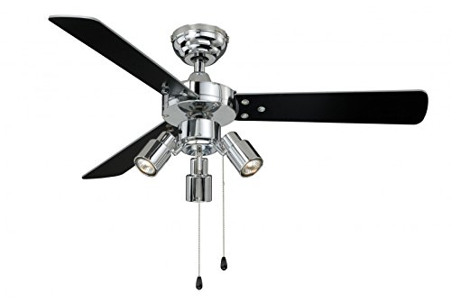 Ventilador de techo con luz y cadena Cyrus, 107 cm, carcasa cromada brillante, aspas bidireccionales en negro y plata