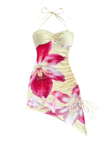 Milumia Women's Floral Halter Mini Dress Tie Backless Drawstring Asymmetrical Hem Short Dresses