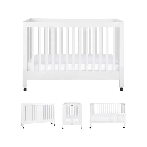 Babyletto Maki Full-Size 2-in-1 Portable Folding Crib with Toddler Bed Conversion Kit in White, Greenguard Gold Certified