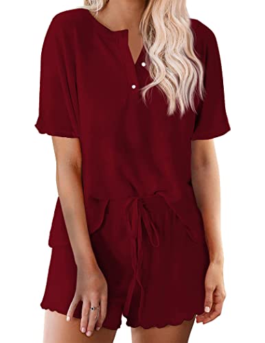 Image of Ekouaer Pajamas Set Womens Short Sleeve Loungewear Sleepwear 2 Piece PJ Sets,Wine Red XX-Large