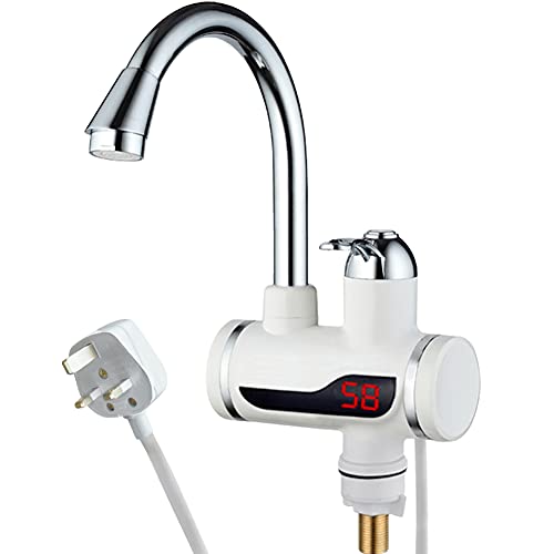 OUKKUO 220V 3sec Instant Tankless Electric Hot Water Faucet with LED Digital Display Kitchen Fast Heating Tap Water Heater (Big Lateral Inflow)