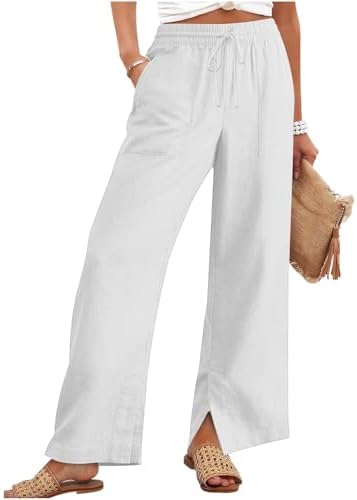 Linen Pants for Women Plus Size Trendy Summer Palazzo Pants with Pockets High Waisted Wide Leg Trousers Loose Slacks