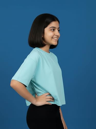 Image of KiddoPanti Girls 100% Cotton Solid Drop Shoulder Half Sleeve Round Neck Crop Tee