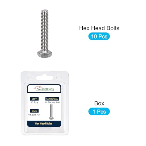 Image of METALLIXITY Hex Head Bolts (1 /4-20 x 1-1 /2 inch) 10Pcs, 304 Stainless Steel 18-8, Fully Threaded, External Hex Drive, Plain Finish, Hex Head Screw Bolt, Silver