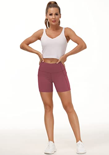 Image of THE GYM PEOPLE High Waist Yoga Shorts for Women's Tummy Control Fitness Athletic Workout Running Shorts with Deep Pockets