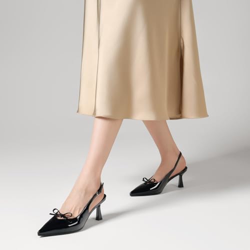 Slingback Heels for Women Bow Kitten Heels Stilettos Pumps Pointed Toe Black3