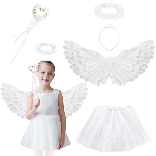 Huahuanghui Conjunto de asas de anjo, asas de anjo brancas para meninas, disfarce anjo branco menina, asas de anjo para Halloween carnaval cosplay festas de disfarces