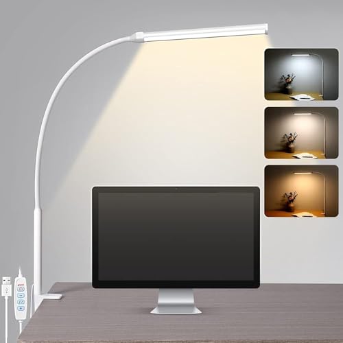 Image of BROLAVIYA Overhead Flexible LED Desk Lamp with Clamp, 3 Modes, 10 Brightness, Eye-Caring, Long Flexible Gooseneck for Home, Office, Desktop,Bedroom, Reading, Study lamp, White