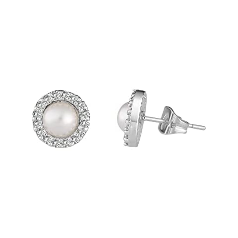 Magna Bijoux Silver Plated Brass CZ Halo Simulated Pearl Stud Earrings Cover