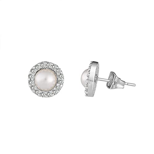 Silver Plated Brass CZ Halo Simulated Pearl Stud Earrings