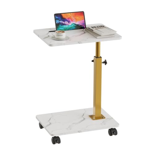 VECELO TV Tray Table for Couch, Adjustable Height & 360°Swivel & with 4 Wheels, C Shaped Snack Table for Sofa, Bed, Small Space, Marbling White & Golden by VECELO - Used condition - Image 9