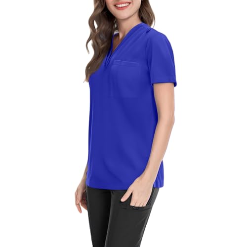 Image of FONMA Scrub Tops Women Plus Size Stretchy V-Neck Scrub Shirts with 4 Pockets Breathable Short Sleeve Nurse Uniforms