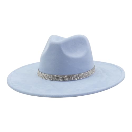 HYYSXBW Suede Fedora Hats for Women Men Big Wide Brim Rhinestone Western Hats Large Felt Panama Hat Rancher Hat (Sky Blue One Size)