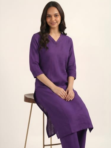 Image of BLOCKS OF INDIA Women's Solid Straight Kurta Set | Hand-Stitched Neck Details with Pintucks | Comfortable Pants with Pockets, Elastic Waist & Drawstring Fit