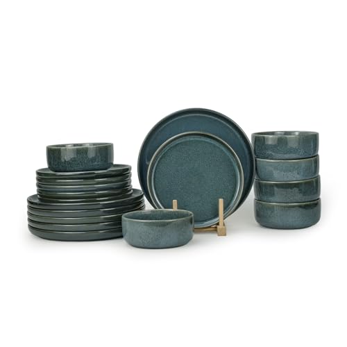 Shallow By Cuisine Art Stoneware TIM 18 PC Dinner Set Blue | Lightweight Dinnerware Set for 6 People 6 Dinner Plates 6 Side Plates 6 Bowls Modern Stackable Dining for Everyday Home Dining Tableware