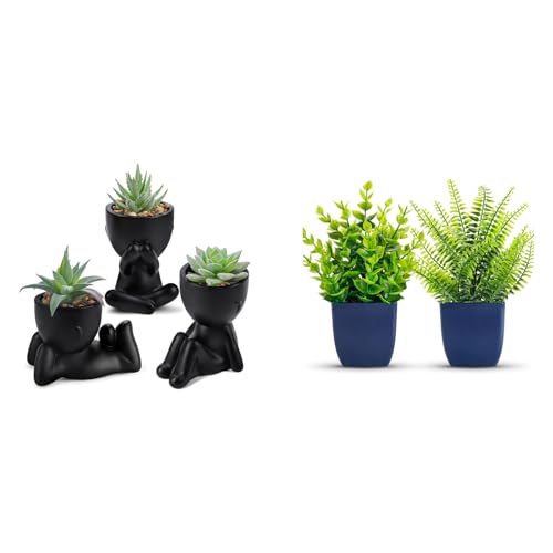 Der Rose Bundle of 3pcs Fake Succulents Plants and 2 Pack Fake Plants for Room Home Office Decor