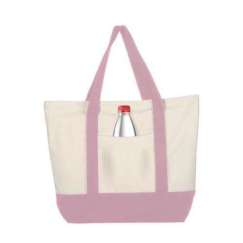 KreqiuCre Extra Large Canvas Tote Bag with External Pocket, Reusable Grocery Shopping Bag with Waterproof Lining, Top Zipper