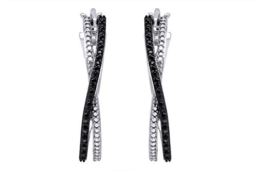Aria Jewels Black Diamond Cross-Over Hoop Earrings for Women 14K White Gold Over Sterling Silver (1/10 cttw)