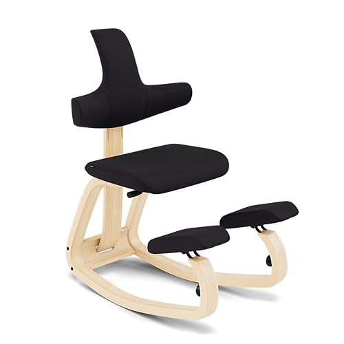 Varier Thatsit Natur/Schwarz Ergonomischer Kniestuhl Höhenverstellbar mit Rückenlehne und Holzrahmen aus Buche für Aktives Sitzen – 10 Jahre Qualitätsgarantie