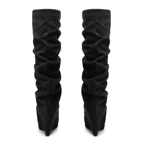 WAYDERNS Knee High Boots for Women Wedge Heel Slouchy Pointed Toe 4 Inch Pull on Tall Boots Comfortable Casual Work Party Fall Winter Shoes4