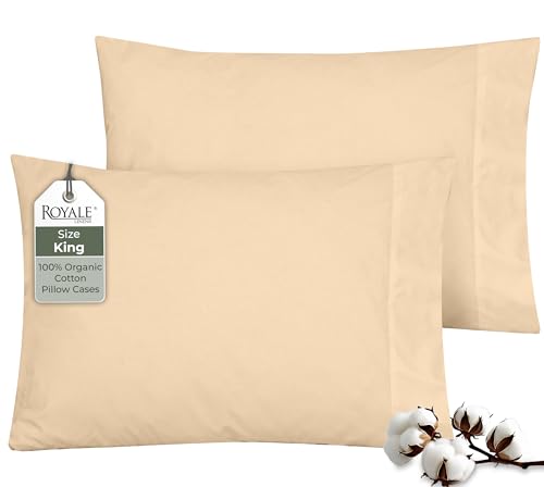 Image of ROYALE LINENS 100% Organic Cotton Percale Pillowcases Set of 2 - King Size Percale Pillowcase - King Set of 2 Pillow Cover - Breathable, Cool & Crisp Pillow Cases (20 inchx40 inch, Sand)