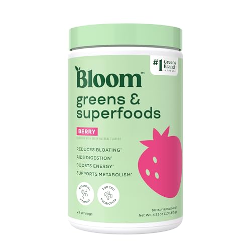 Bloom Nutrition Superfood Greens Powder Digestive Enzymes with Probiotics and Prebiotics Gut Health Bloating Relief for Women Chlorella Green Juice Mix with Beet Root Powder 25 SVG Berry