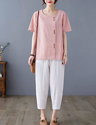 Yeokou Women Cotton Linen Crew Neck Short Sleeve Basic Tunic Tee Shirts Tops Blouse(Pink-Xxl) #TOP4