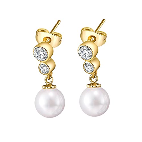 ZQHWYZ 14K Gold Earrings for Women, Round Lab Diamond with Pearl Dangle Earrings for Women Gold