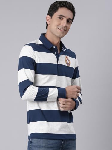 Image of Classic Polo Men's Full Sleeve Navy /Off-White Polo Neck Slim Fit Colorblock Cotton T-Shirt