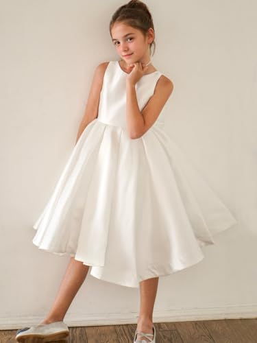 Summer Satin Flower Girl Dresses for Wedding Crewneck A Line Formal Party Midi Dress with Bow Knot3