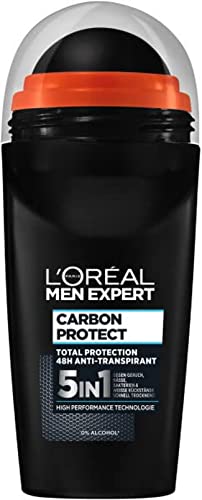 L'Oréal Men Expert Déodorant à bille 5 en 1 contre les odeurs, l'humidité, les bactéries et les résidus blancs jusqu'à 48 heures de fraîcheur, Carbon Protect 1 x 50 ml