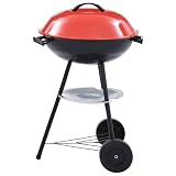 Holzkohlegrill, tragbar, XXL, mit Rädern, 44 cm, Campinggrill aus Stahl, rot und schwarz, mit emailliertem Deckel, Lüftungsschieber und Regal