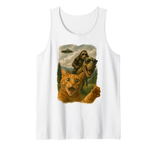 Cat Selfie with Bigfoot Riding T-rex Dinosaur Alien UFO Tank Top