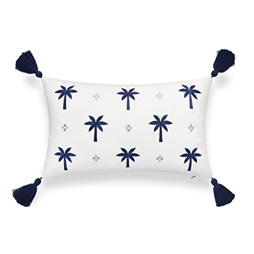 Hofdeco Premium Coastal Hampton Style Patio Indoor Outdoor Lumbar Pillow Cover Only, 12"x20" Water Resistant for Backyard, Couch, Navy Blue Baby Embroidered Palm Tree Tassel by Hofdeco Premium - Used condition - Image 3