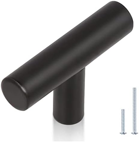 12-Pack Matte Black Cabinet Knobs - Stainless Steel Drawer Pulls, Single Hole (2\" / 50mm) | Modern T-Bar Design