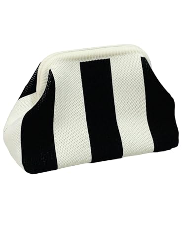 OYOANGLE Bolsa feminina de crochê com estampa listrada Kiss Lock Bolsa de mão casual de grande capacidade para maquiagem, Preto e branco, One Size