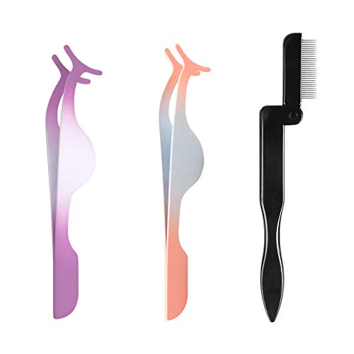 SENXILLER Eyelash Comb Metal Teeth and Folding, False Eyelash Applicator Tool Extension Tweezers Remover Clip Tweezers Nipper (Purple & Orange)