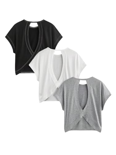 Image of RoseSeek Women's 3 Packs Open Back Tops T Shirt Criss Cross Cut Out Tee Short Sleeve Crewneck Summer Backless Tops