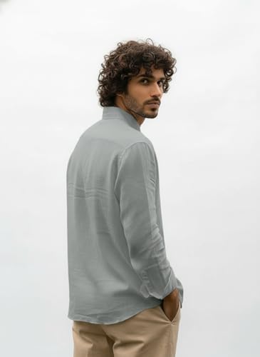 Image of Men's Linen Cotton Shirt | Solid Design | Full Sleeve | Regular Fit | Button Down Collar | Summer Casual & Formal Wear