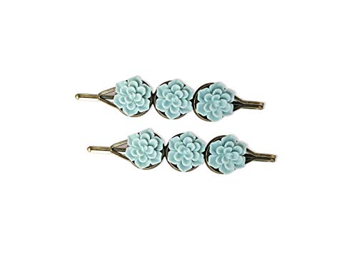 Succulent Hair Clips - Matte Seafoam Green Set of Two Bronze Bobby Pins for Women
