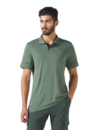 Image of TECHNOSPORT Men's Solid Slim Fit Polo Collar T-Shirt TECHNOCOOL+ Half Sleeve Button Polyester for Gym Running Workout UPF50+ Anti Odour