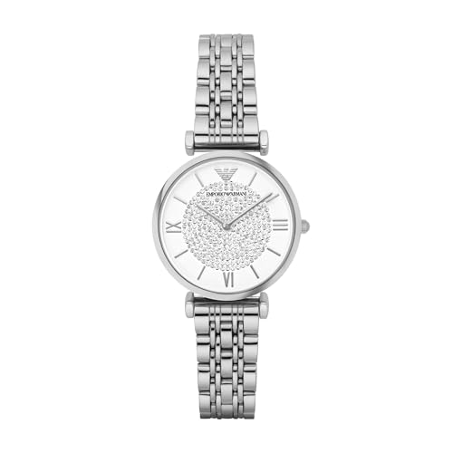 Emporio Armani Orologio da donna, movimento al quarzo a due lancette da 32 mm con cinturino in acciaio, 32 mm, Argento e glitter bianchi