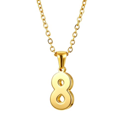 LULUQIFA 18K Gold Plated Number Pendant Necklace for Women Men Tiny Personalized Charms Choker Stainless Steel Chain Dainty Lucky Jewelry for Birthday Sports Gifts (8)