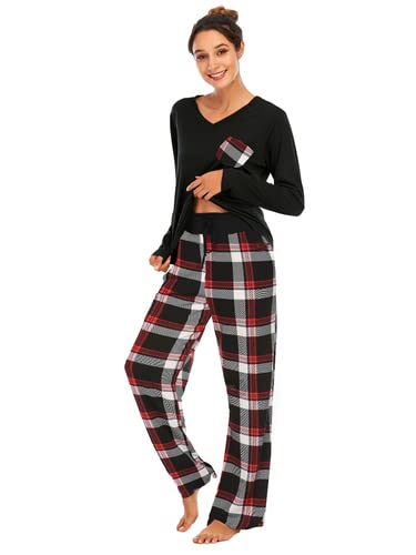 Famulily Damen Schlafanzug Lang Pyjama Set Herbst Winter Baumwolle Drucken Nachtwäsche Zweiteiliger Nachtwäsche Oberteil und Hose mit Weitem Bein S-XXL