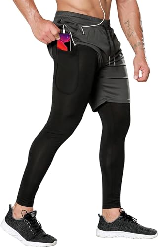 OEBLD Pantalones de compresión para hombre, 2 en 1, pantalones de entrenamiento, gimnasio, con lazo para toalla, gris, Large