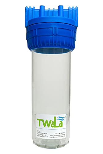 TWaLa Wasserfilter Gehäuse mit Messing 1" Anschluss transparent blau für 10" Filterpatronen Hauswasserwerk Garten Brunnen Pool inkl. Schlüssel und Wandhalterung Cover